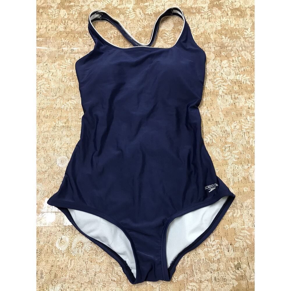 Women's Speedo One Piece Swimsuit Navy Blue Racerback SM Lightly Padded Pool